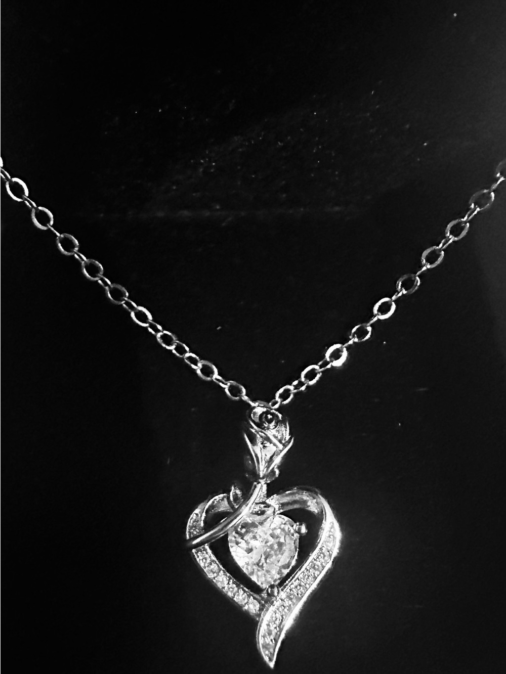 Silver Heart and Rose Pendant Necklace with Clear Crystal Accent